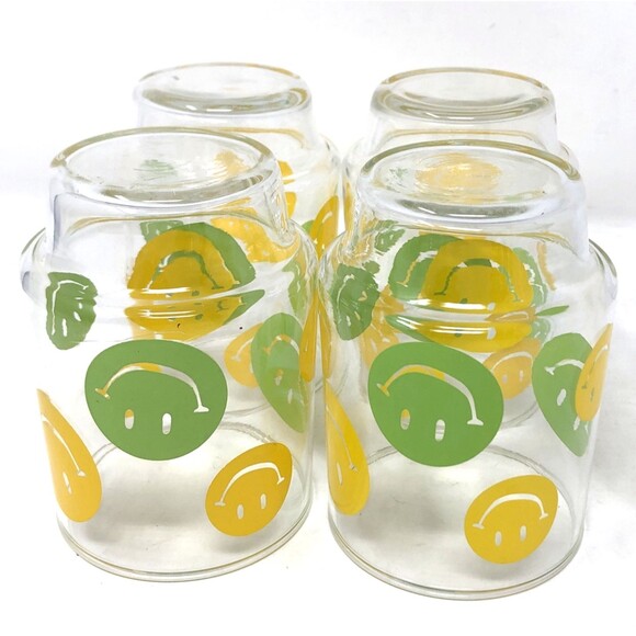 4 VTG 70s LIBBEY SMILEY FACE Stackable Glass Tumblers Green & Yellow 4 1/4" MCM - Picture 5 of 10